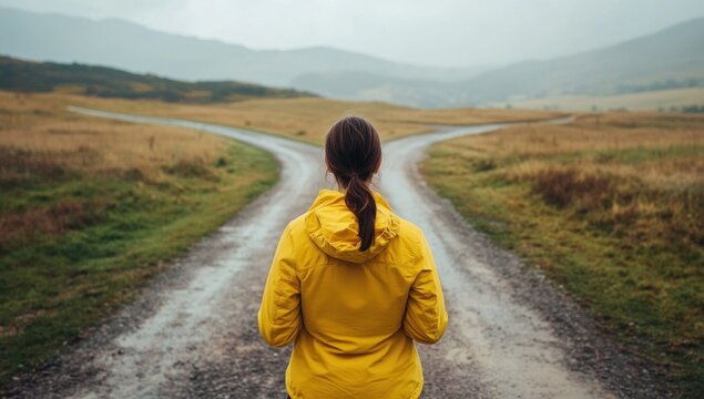A woman standing at a fork in the road facing choices