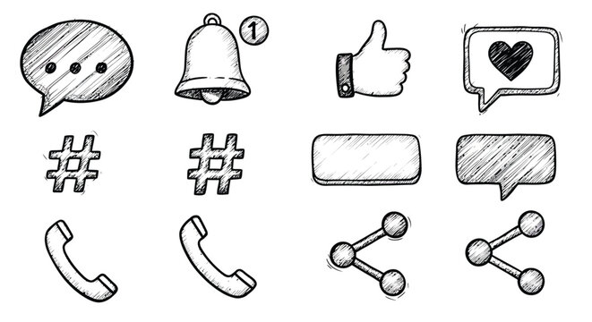 Hand Drawn Social Media Icons Set with Speech Bubbles and Communication Symbols Vector Illustration 