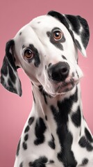 Dalmatian dog with unique markings posing against a pink background, showcasing its expressive face and playful personality