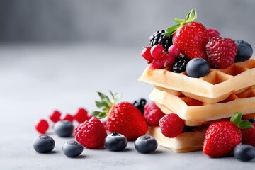 Delicious Waffles Topped with Fresh Berries and Mint Leaves