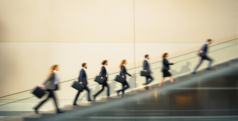 Obraz premium Business people in suits walking upstairs with motion blur, minimal beige wall background, concept of career growth, teamwork, and success. Ai generative