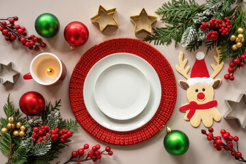 Christmas Table Setting with Red Plate and Decorations