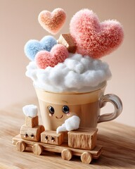 A whimsical coffee cup with cartoon eyes joyfully riding a wooden cube-shaped train, blending playful character design with imaginative fun.