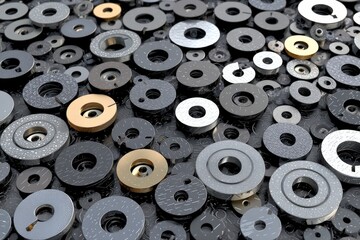 Diverse Collection of Circular Metal Washers on Dark Surface