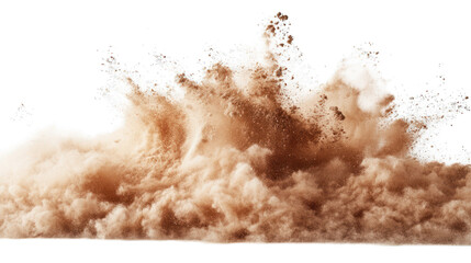 A massive eruption of brown dust or earth, creating a forceful explosion against a black backdrop.