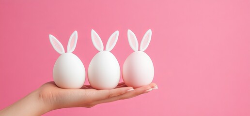 Three Easter eggs with smiling bunny artwork were painted on a woman's hand