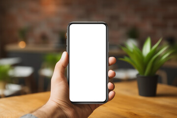 view of smartphone mockup with empty white screen in hands on blurred workspace table background