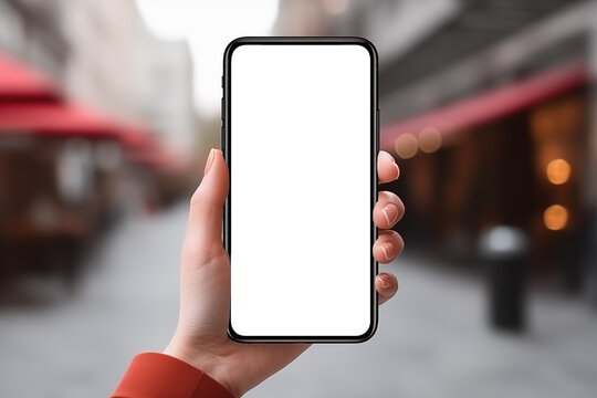 view of mobile smartphone mockup with empty white screen in girl's hand on the background to cafe, street