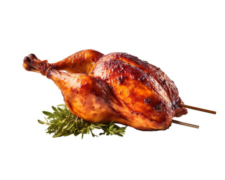 professional image showcasing a single roasted chicken, positioned horizontally on a large metal skewer, tightly secured on a transparent background