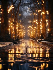 Obraz premium A pathway lined with trees adorned with glowing lights reflecting in the wet ground at twilight