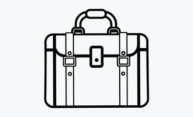 Vintage travel bag silhouette, A black and white line art drawing of a vintage canvas travel bag with leather trim