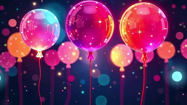Vibrant balloons in various colors and sizes float against a dark background, creating a festive ambiance, with a smooth camera zoom in capturing the joyful scene