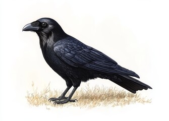 Isolated on a transparent white background is a single black raven