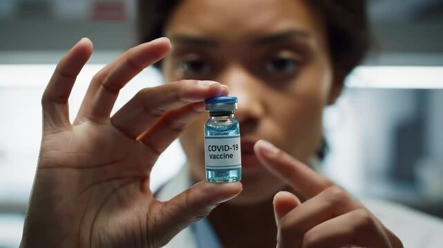 Female Researcher Examining COVID-19 Vaccine Vial in Laboratory Setting, Focused on Vaccine Contents, Highlighting Importance of Science and Health Care in the Fight Against Pandemic