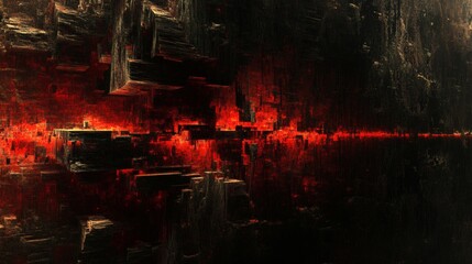 Intricate, dark, abstract digital art of a fiery, geometric interior.