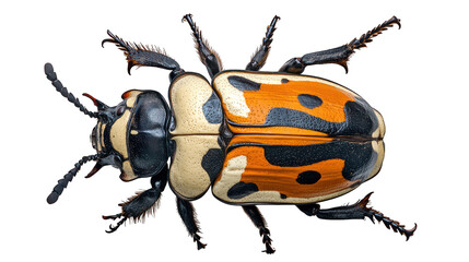 A high-resolution image of a patterned beetle, showcasing its intricate coloring and detailed body segments.