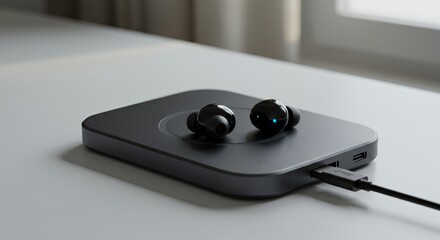 Wireless Earbuds Charging on Modern Dock: Sleek Design and Minimalist Tech