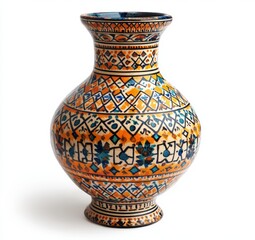 This ceramic vase boasts a timeless design with intricate floral motifs in green and orange hues