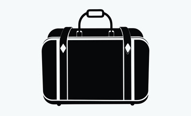 Vintage travel bag silhouette, A black and white line art drawing of a vintage canvas travel bag with leather trim
