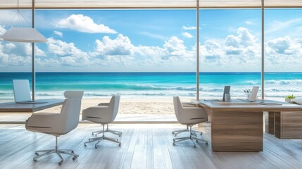 Fototapeta premium Sea breeze ambiance in a clean, coastal office with modern workspace and blurred ocean behind