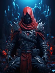 Fototapeta premium A hooded figure in dark armor with red accents standing in a dimly lit cavernous environment