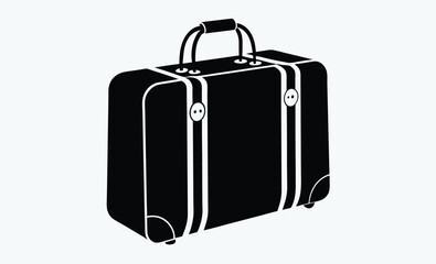 Vintage travel bag silhouette, A black and white line art drawing of a vintage canvas travel bag with leather trim