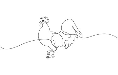 Hen in continuous line art drawing style. Chicken minimalist black linear design, Continuous one line drawing of Cute chicken. Silhouette of chickens on a white background in a minimalist style. © Stock4line