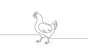 Hen in continuous line art drawing style. Chicken minimalist black linear design, Continuous one line drawing of Cute chicken. Silhouette of chickens on a white background in a minimalist style.