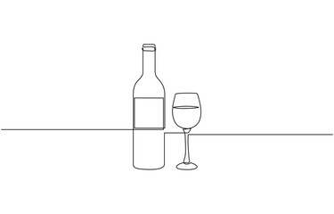 Wine bottle and wine glass drawing with one continuous line, Continuous line one drawing of wine bottle with wineglass. Minimalist linear sketch of alcohol drink in glass and bottle. 