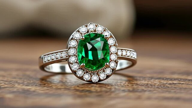 Close-up of a sparkling diamond & emerald ring on a wooden surface.