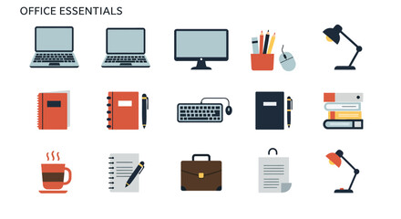 Office essentials set including laptop desktop keyboard notebooks pens coffee cup and desk lamps vector illustration 