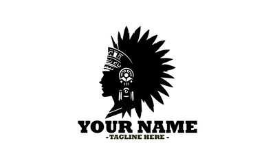 Native American chief adorned with an intricate feathered headdress featuring traditional patterns. Indian chief mascot head graphic vector and apache warrior face indian ethnic logo