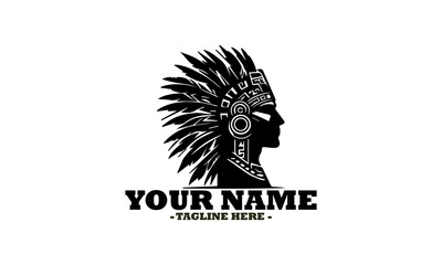 Native American chief adorned with an intricate feathered headdress featuring traditional patterns. Indian chief mascot head graphic vector and apache warrior face indian ethnic logo