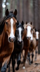 Obraz premium A herd of horses galloping through a forest