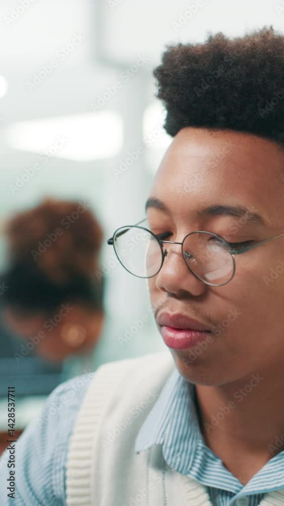 Aufkleber Man, programmer and glasses with software development for problem solving, UI design or UX at office. Male person, coder or app designer with career in IT or computer science for web or system update