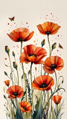 a vibrant watercolor artwork of poppies, in a bold watercolor technique, with crimson and burnt orange shades, painted on rough paper, expressive strokes, feathered edges, uplifting mood