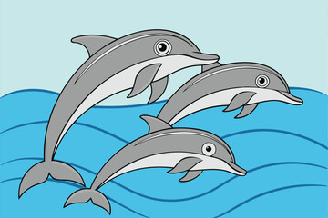 Naklejka premium Cartoon Dolphins in Ocean Playful Marine Wildlife Illustration