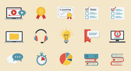 Online learning education icons set with awards quiz pie chart and books vector illustration 
