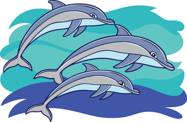 Obraz premium Cartoon Dolphins in Ocean Playful Marine Wildlife Illustration