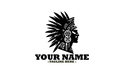 Native American chief adorned with an intricate feathered headdress featuring traditional patterns. Indian chief mascot head graphic vector and apache warrior face indian ethnic logo