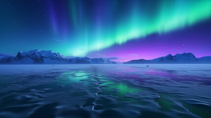Christmas: Faintly glowing bootprints crossing a frozen lake beneath vibrant northern lights