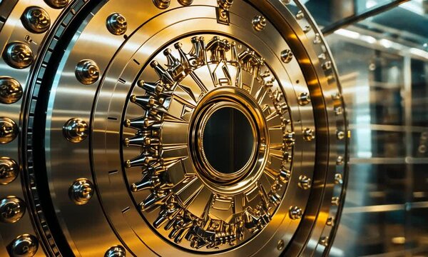 Intricately designed bank vault door showcasing metallic finish and secure locking mechanism