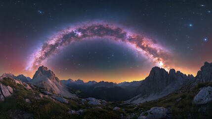Majestic celestial archway over a mountain panorama at twilight.