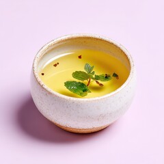 Japanese dashi soup with delicate herbs, clean white luxury setting