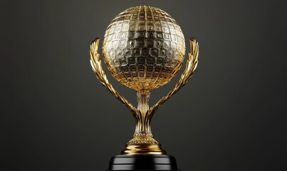 Golden golf trophy award on dark background