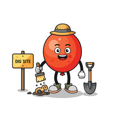Fototapeta premium Cartoon red tomato character with hat digging site holding brush and shovel vector illustration 