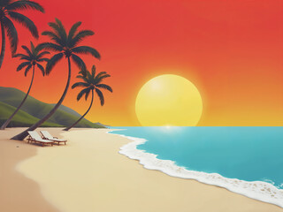Obraz premium tropical beach with palm tree illustration