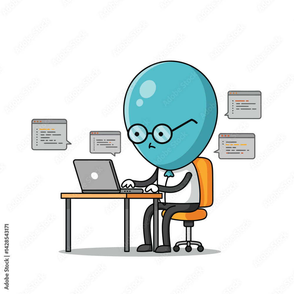 Poster blue head person working on laptop with coding windows floating around in vector illustration