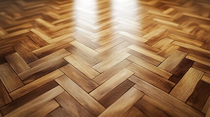 Polished herringbone parquet flooring with light reflections.