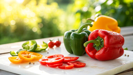 Capsicums and Capsicum slice with water drop on white board in Natural Background, Capsicums on table